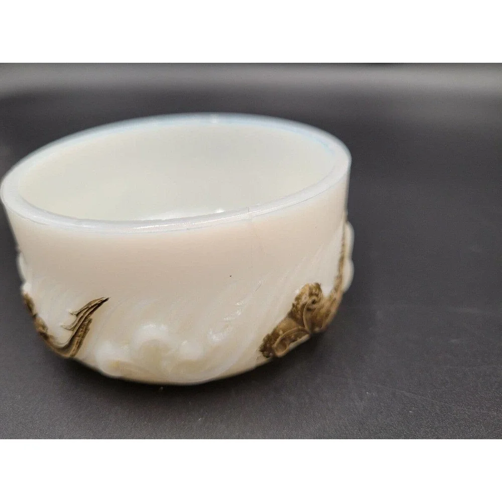 ATQ Milk Glass Vanity Tray Powder Trinket Box Victorian #513 Gold Tone Trim